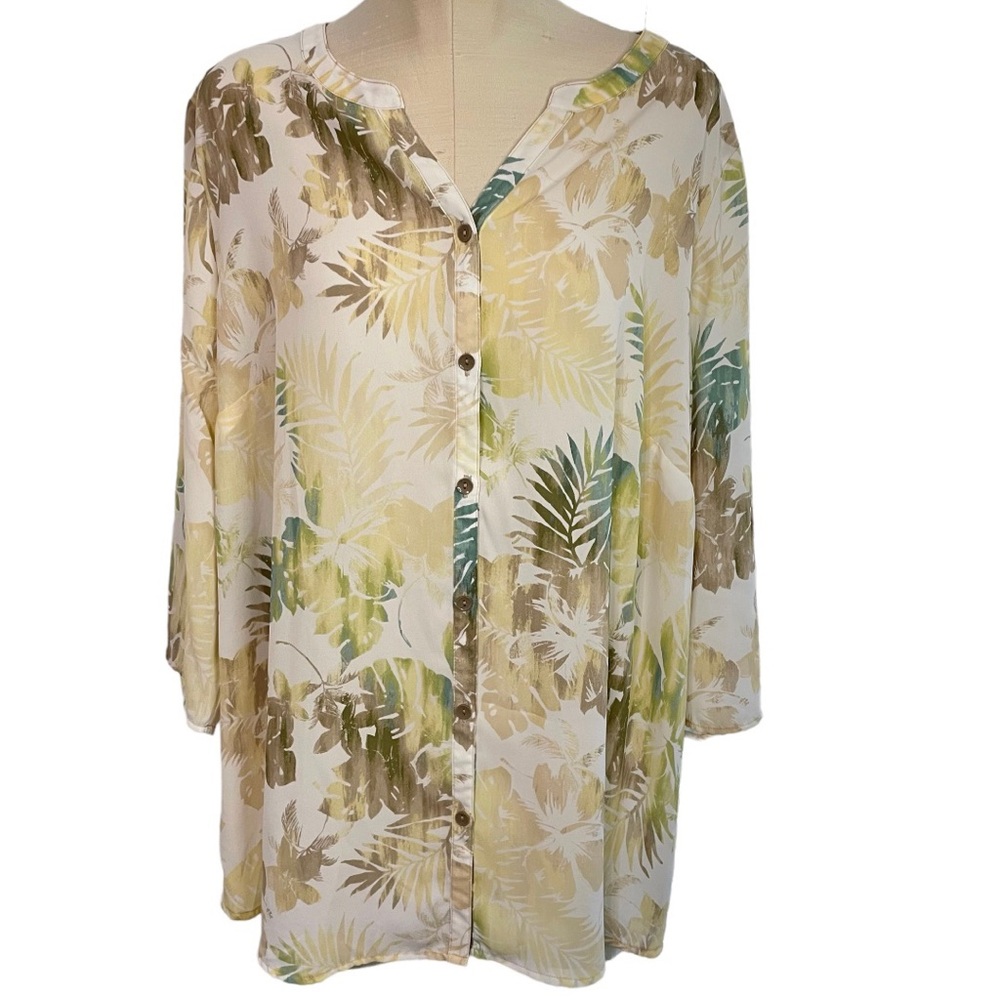 Catherines Hawaiian Print 3/4 Sleeve Casual Button Front Blouse Size 1X